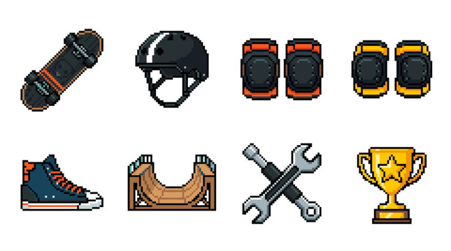 Skateboarding pixel art set with essential equipment, protective gear, ramp, tools, and a winner's trophy