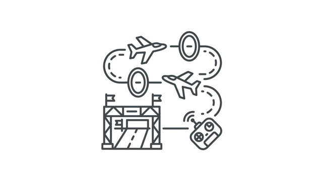 Drone flight path and remote control line art icon.