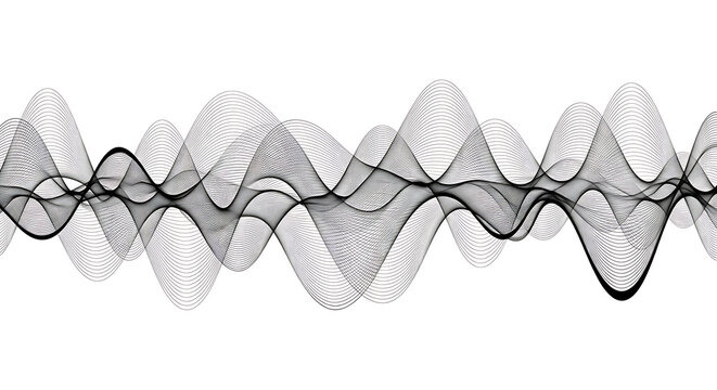 Detailed black flowing audio waveform and digital signal pattern creating rhythmic abstract art with waveform abstract frequency background electronic vibration amplitude spectrum sinusoidal