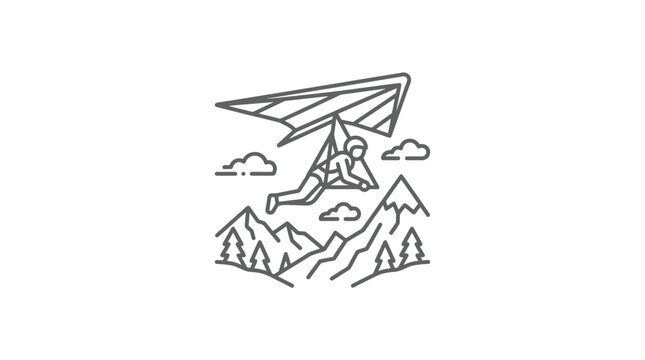 Line art illustration of hang glider over mountain forest.