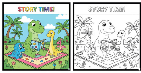 Cute Cartoon Dinosaurs Story Time Illustration with T Rex, Triceratops, Long Neck Dino, Flying Dinosaur © MstSangita