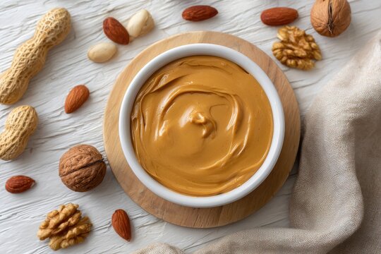 Creamy spread in bowl, surrounded by various nuts and peanuts on a textured surface