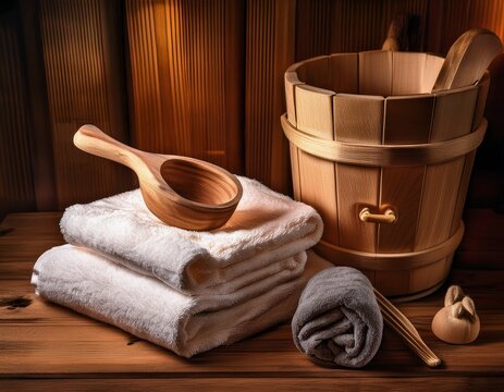 sauna accessories including towels a wooden bucket and a ladle in a traditional wooden sauna for relaxation and wellness