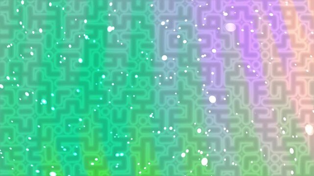Abstract background featuring a colorful gradient maze pattern with floating white particles.