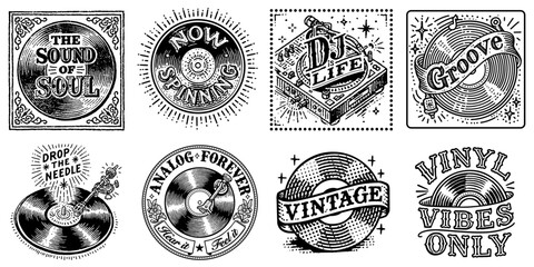A set of eight vintage style hand drawn music and vinyl record labels featuring intricate typography decorative elements and retro motifs perfect for audio themes © Knot_Vain
