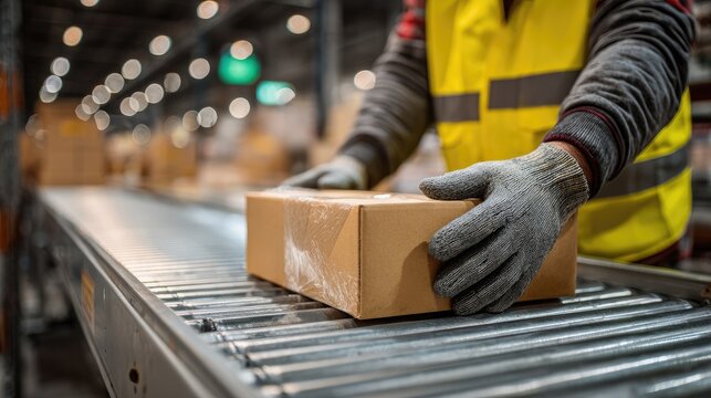 Warehousing worker's gloved hands guide a package on a conveyor belt
