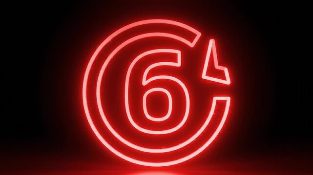 Glowing red neon number 6 inside a circle with an arrow symbol