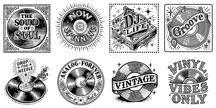 A set of eight vintage style hand drawn music and vinyl record labels featuring intricate typography decorative elements and retro motifs perfect for audio themes