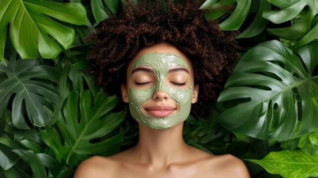 A woman with a green clay face mask rests peacefully surrounded by lush tropical monstera leaves.