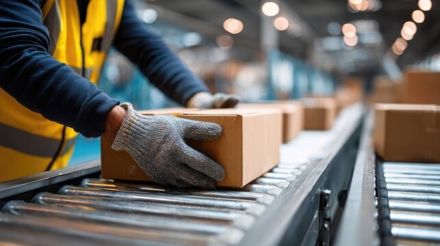 Hands in gloves guide boxes on a conveyor belt in a warehouse
