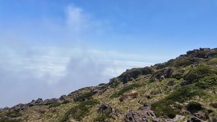 Fototapeta premium Aerial Video of Baengnokdam Crater Lake at Hallasan Summit, Jeju Island South Korea