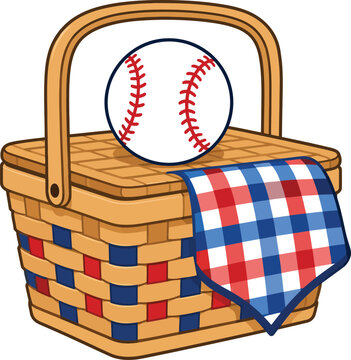 Picnic basket with baseball for a sunny Fourth of July baseball outing