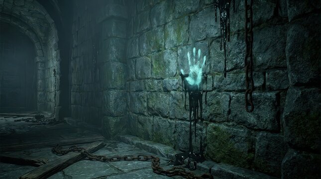Spectral Imprint Glowing Through Cold Dungeon Wall
