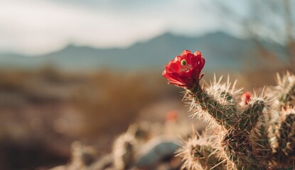Obraz premium Cactus with red flower in desert landscape.