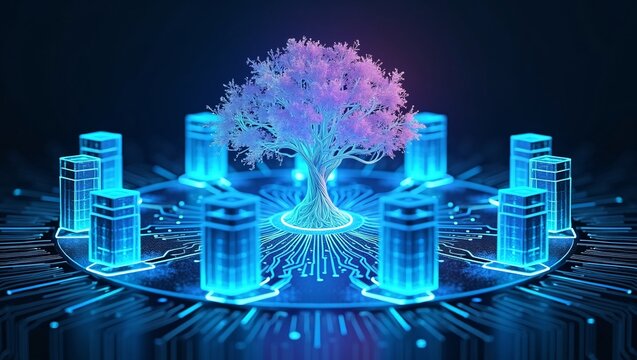 A glowing purple tree sits at the center of a futuristic digital circuit platform, surrounded by blue holographic server towers.
