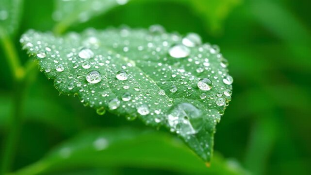 Close-up of crystal raindrops on green leaves, close-up of dewdrops on green leaves