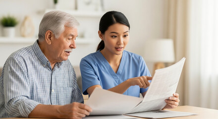 Fototapeta premium Professional Asian Female Nurse Providing Home Care Service and Reading Newspaper with Senior Man in Living Room, Elderly Healthcare Support Concept