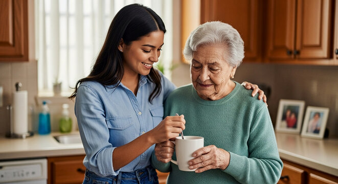 Caring young woman assisting an elderly senior grandmother with a hot drink in a cozy kitchen, concept of home health care and intergenerational bonding