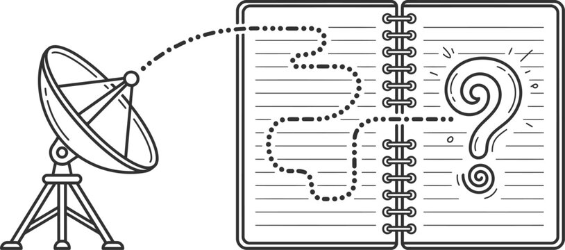 Unexplained Cosmic Transmission Mystery Line Art Featuring Satellite Dish Morse Code Signal Ending in Notebook Question MarkUnexplained Cosmic Transmission Mystery Line Art Featuring Satellite Dish Mo