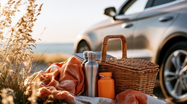 Coastal picnic basket beside parked car during golden light, wicker hamper and insulated flask on soft blanket among dune grass, orange bottle and reusable cup, relaxed snack setup with sustainable
