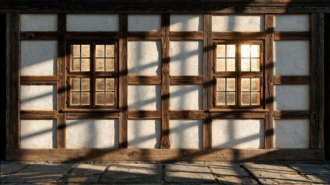 Symmetric front view of an authentic fachwerk house facade with two windows. Heavy timber framing with weathered brown beams, white fibercement infill wall panels and stone tile pavement in sunlight