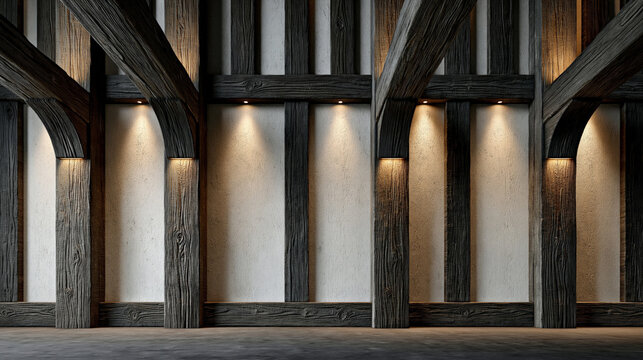 Luxury interior hall with traditional fachwerk timber framing structure. Dark rustic wooden beams with integrated spotlights on white fibercement infill wall panels and microcement concrete floor