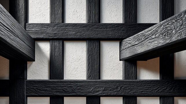 Abstract close up of modern fachwerk house facade. Dark wooden beams frame with prominent grain texture and white fibercement infill wall panels in traditional timber framing architectural design