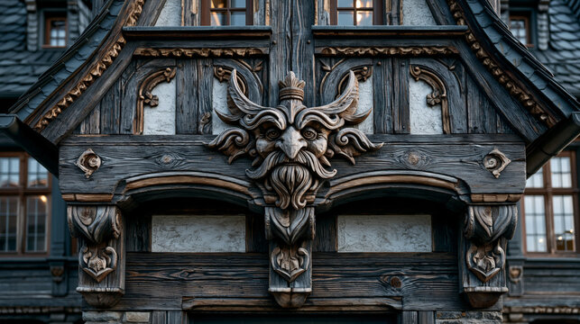 Ornate carved wooden mascaron on historical fachwerk house facade. Close up of medieval timber framing architecture with rustic carved beams and white fibercement infill wall panels