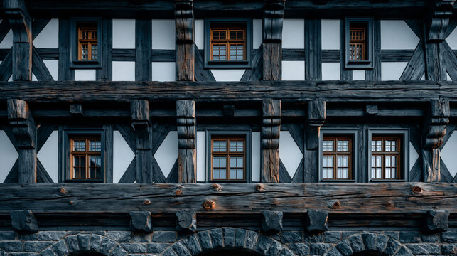 Panoramic view of a multi-level historic fachwerk building facade. Heavy timber framing with dark weathered wooden beams, windows, white fibercement infill panels and stone arch foundation