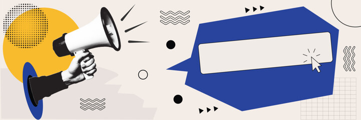 Megaphone Marketing Announcement Halftone Collage Vector Illustration with Speech Bubble and Geometric Shapes on Beige Background