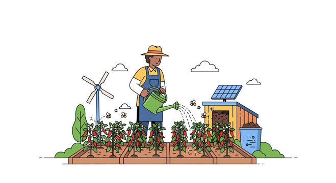 Sustainable Farming: Gardener watering plants with windmill and solar panel in background