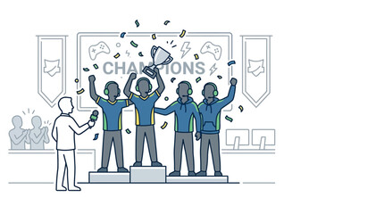 Esports team celebrating championship victory on podium. © Ela Maheswari