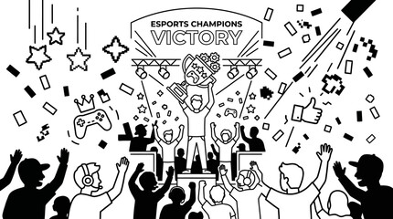 Esports tournament champion holding a trophy on stage with cheering crowd. © Ela Maheswari