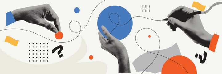 Three Hands Pointing Writing and Raising Halftone Collage Illustration — Creative Process, Editing Adjustment and Question Concept with Blue, Orange Gray Geometric Shapes on White Background © SpiximCreation