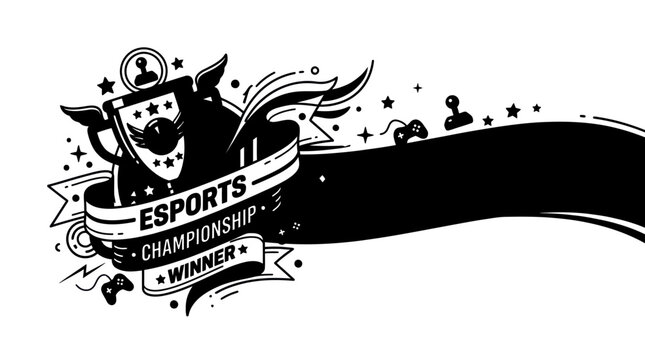 Esports championship winner emblem with trophy and gaming controller.