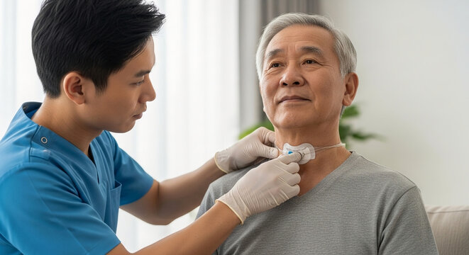 Professional Asian male nurse providing home care for a senior man with a tracheostomy tube, assisting with post-operative medical maintenance.