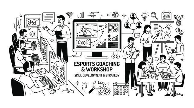 Esports Coaching and Workshop Session Hand Drawn Illustration.