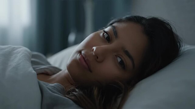 A woman is lying in bed resting, and a close-up of a woman sleeping quietly