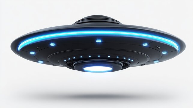 A sleek, dark, saucer-shaped craft with bright blue and white lights