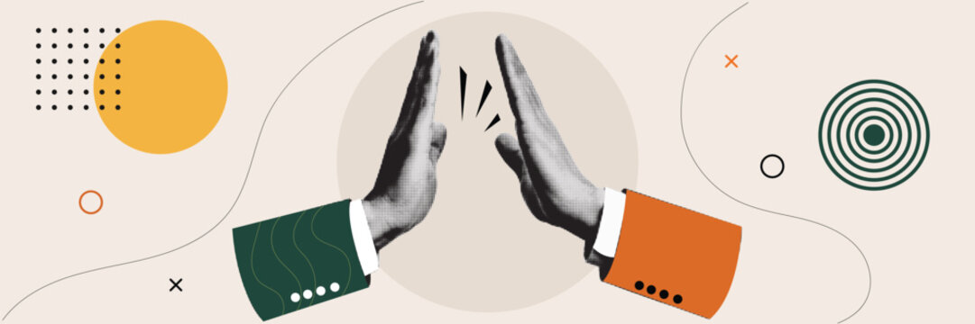 Two Business People Giving High Five Halftone Collage Illustration &mdash; Teamwork Success Celebration Partnership and Achievement Concept with Green Orange Geometric Shapes on Beige Background