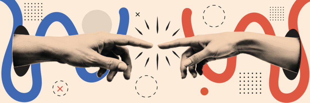 Two Hands Touching Fingers Halftone Collage Illustration Inspired by Creation of Adam &mdash; Connection Unity and Collaboration Concept with Blue Red Geometric Shapes on Beige Background