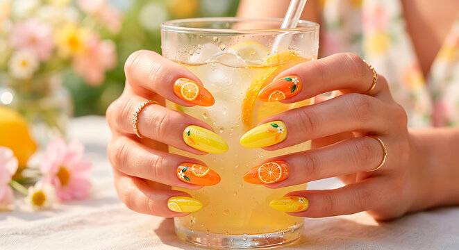 Lemon nail design, citrus nail art on almond-shaped extensions, featuring detailed hand-painted orange and lemon slices, blossoms, and neon yellow and orange gel overlays holding a cold lemonade glass