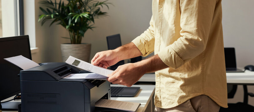 Man places paper into office printer to make copies. He holds documents in his hands and stands at desk. Other person works on laptop in background.