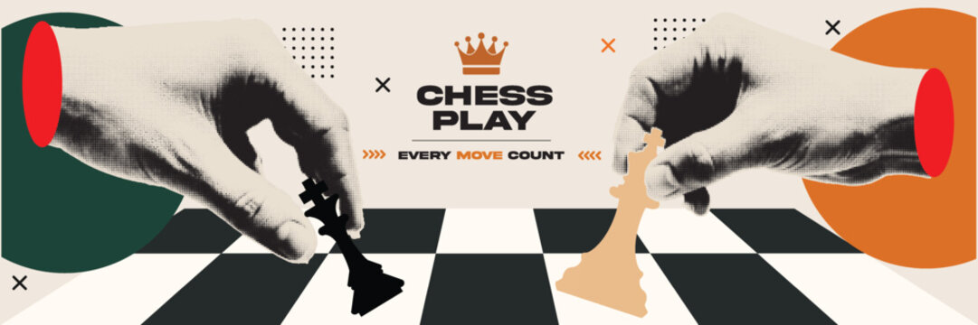 Chess Play Tournament Flyer Halftone Collage Illustration with Hands Holding Chess Pieces on Checkered Board &mdash; Strategy Competition and Game Concept with Crown Icon on Beige Background