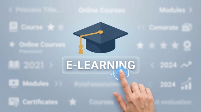 E-learning, online education, digital courses, graduation cap