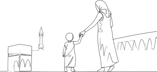 Obraz premium Islamic Family Pilgrimage Tour Packages Promo Header - Continuous One Line Drawing of Muslim Mother in Hijab Holding Hands with Little Son Near Kaaba Sanctuary and Nabawi Mosque Minaret Tower