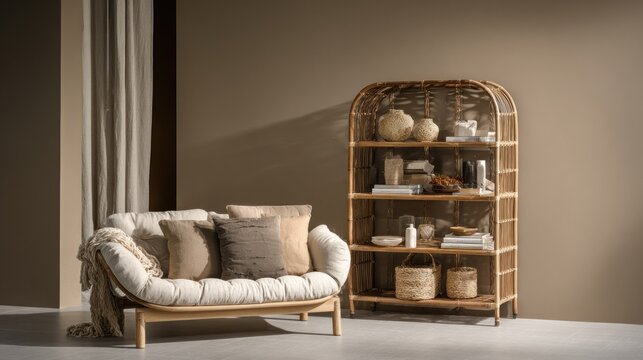 Natural woven shelving unit displays decorative items beside a soft upholstered daybed in a warmly toned room