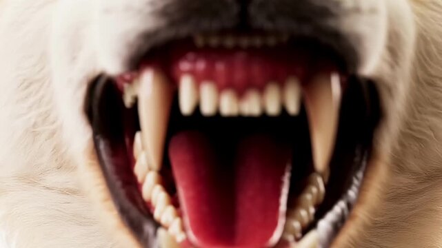 Mad dog, animal rabies. An enraged animal lunges straight at the camera, its mouth wide open, revealing sharp teeth.
