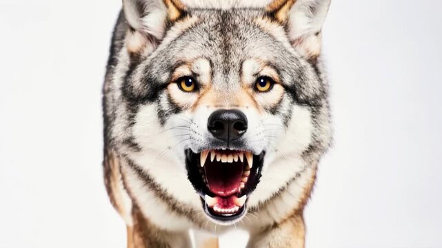 Mad wolf, animal rabies. An enraged animal lunges straight at the camera, its mouth wide open, revealing sharp teeth.