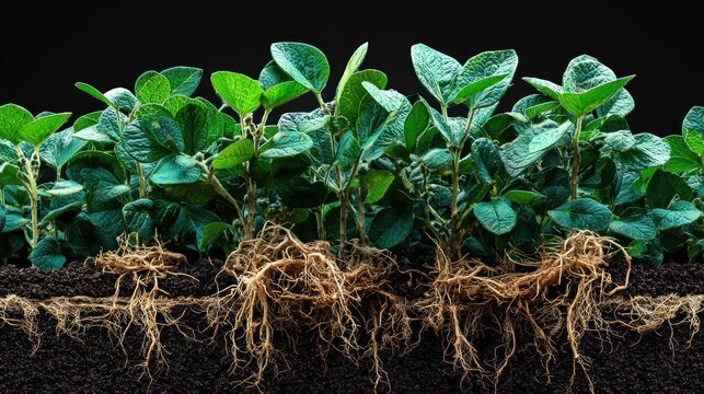 Vibrant green seedlings exhibit extensive root systems within rich dark soil against a black backdrop.